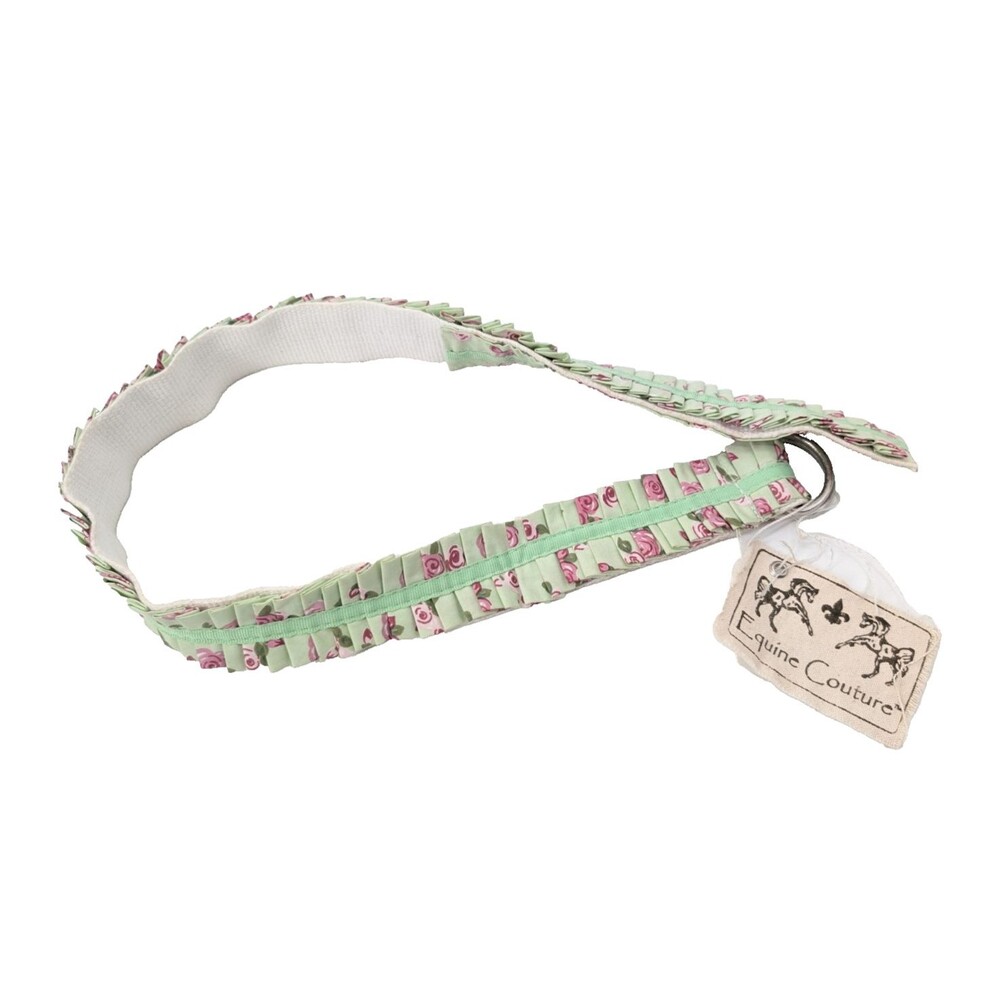Equine Couture Green Floral Roses Ruffled Equestrian Canvas D-Ring Belt Medium